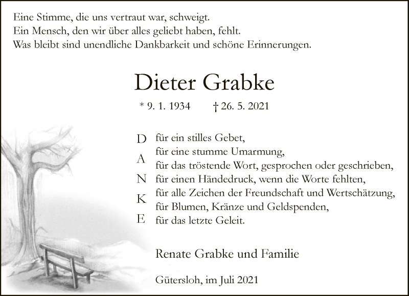 Traueranzeige für Dieter Grabke vom 17.07.2021 aus Neue Westfälische