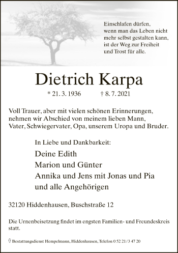 Traueranzeige von Dietrich Karpa von Neue Westfälische
