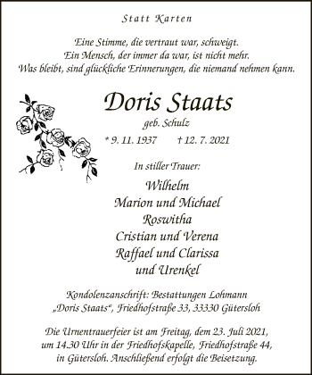 Traueranzeige von Doris Staats von Neue Westfälische