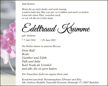 Traueranzeige von Edeltraud Krumme von Neue Westfälische