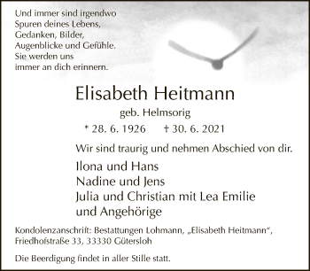 Traueranzeige von Elisabeth Heitmann von Neue Westfälische