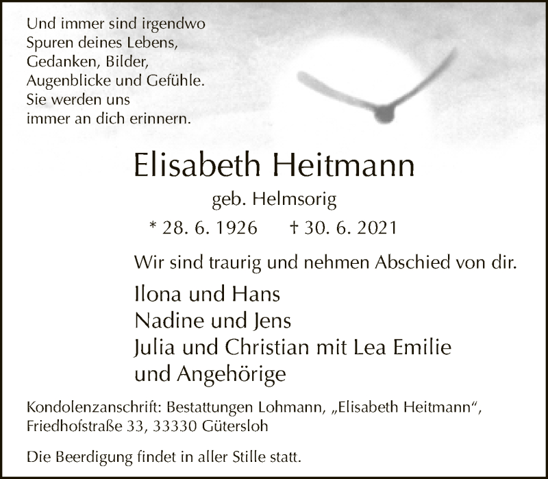  Traueranzeige für Elisabeth Heitmann vom 10.07.2021 aus Neue Westfälische