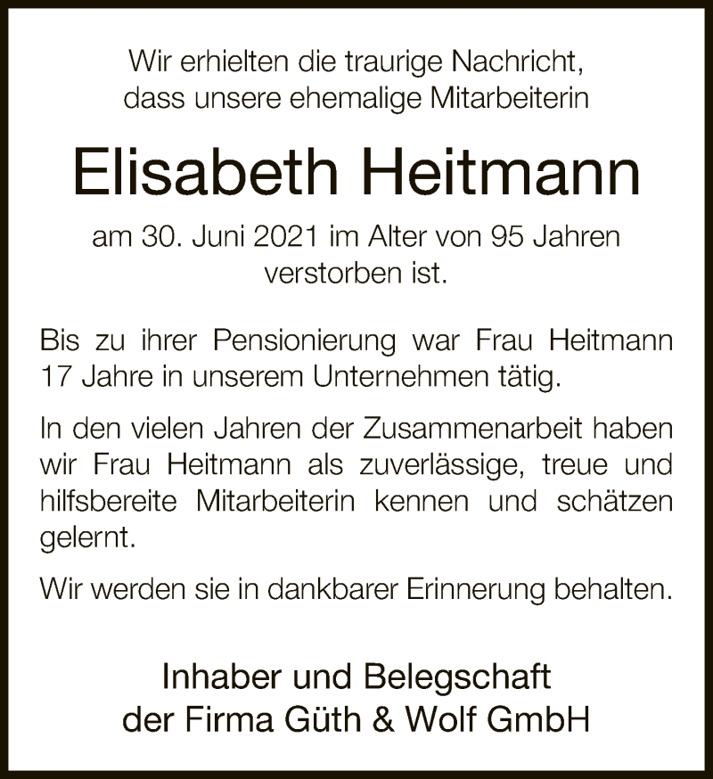  Traueranzeige für Elisabeth Heitmann vom 13.07.2021 aus Neue Westfälische