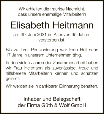Traueranzeige von Elisabeth Heitmann von Neue Westfälische
