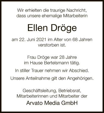 Traueranzeige von Ellen Dröge von Neue Westfälische