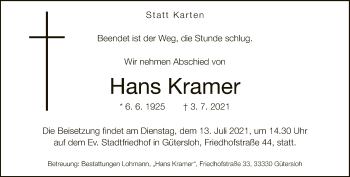 Traueranzeige von Hans Kramer von Neue Westfälische