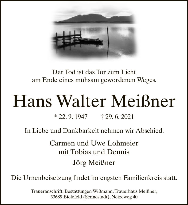  Traueranzeige für Hans Walter Meißner vom 03.07.2021 aus Neue Westfälische