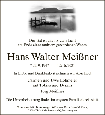 Traueranzeige von Hans Walter Meißner von Neue Westfälische