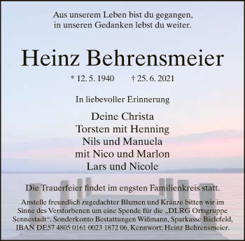Traueranzeige von Heinz Behrensmeier von Neue Westfälische
