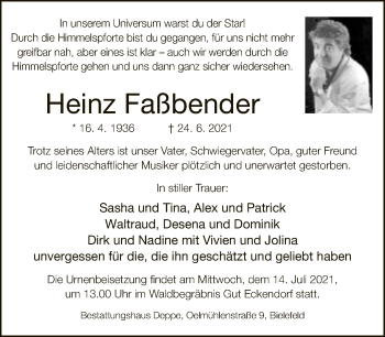 Traueranzeige von Heinz Faßbender von Neue Westfälische
