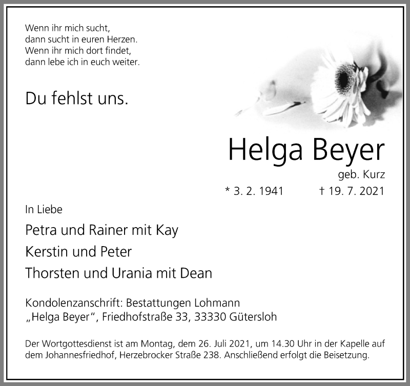  Traueranzeige für Helga Beyer vom 22.07.2021 aus Neue Westfälische