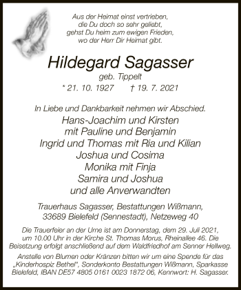 Traueranzeige von Hildegard Sagasser von Neue Westfälische