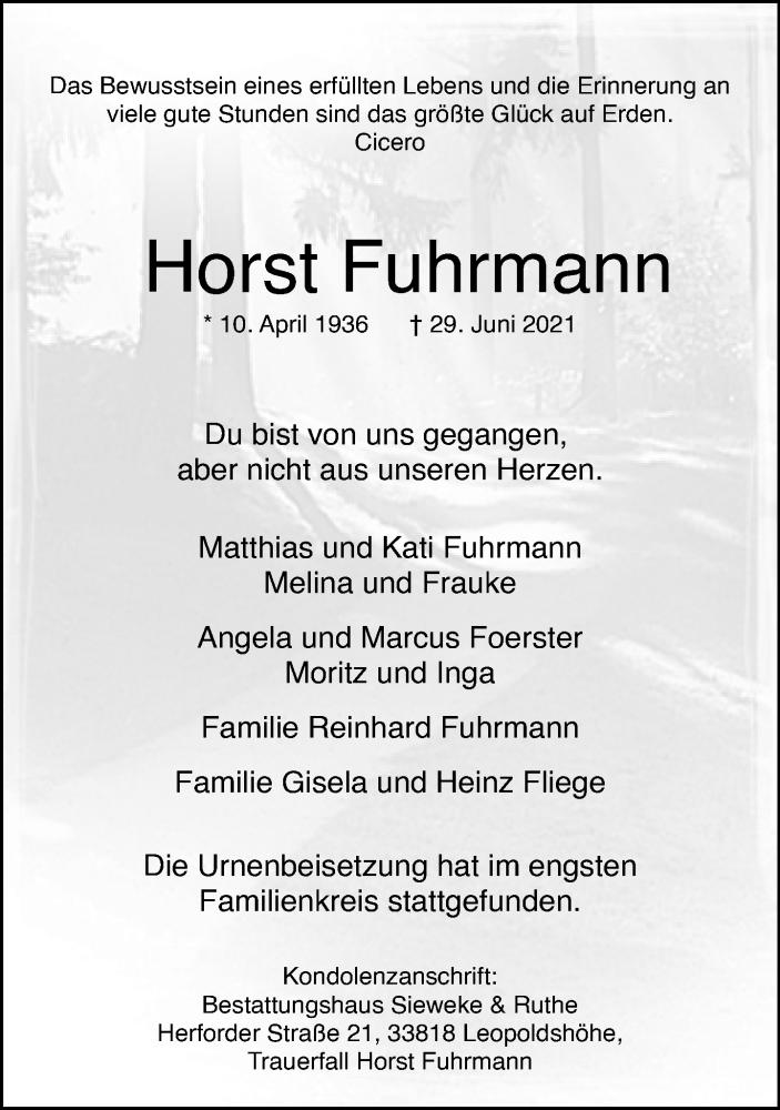  Traueranzeige für Horst Fuhrmann vom 10.07.2021 aus Neue Westfälische