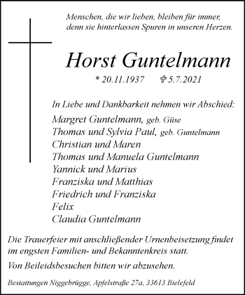 Traueranzeige von Horst Guntelmann von Neue Westfälische