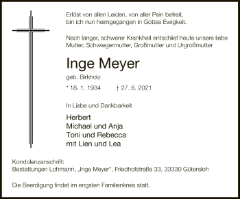 Traueranzeige von Inge Meyer von Neue Westfälische