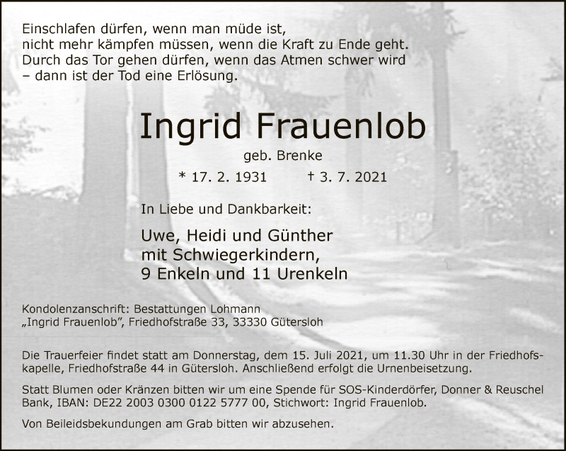  Traueranzeige für Ingrid Frauenlob vom 10.07.2021 aus Neue Westfälische