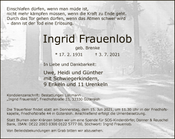 Traueranzeige von Ingrid Frauenlob von Neue Westfälische