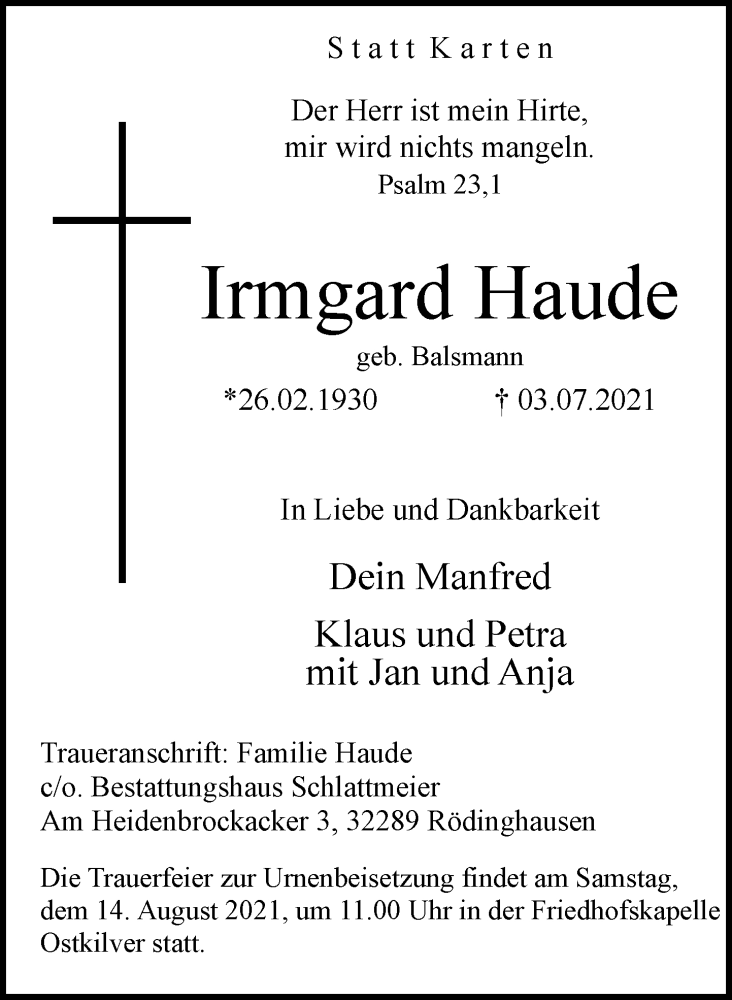  Traueranzeige für Irmgard Haude vom 31.07.2021 aus Neue Westfälische