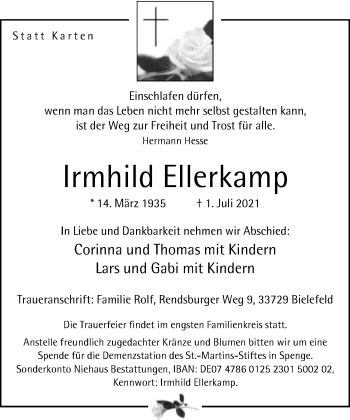 Traueranzeige von Irmhild Ellerkamp von Neue Westfälische