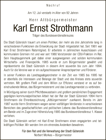 Traueranzeige von Karl Ernst Strothmann von Neue Westfälische