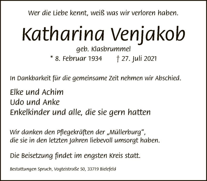  Traueranzeige für Katharina Venjakob vom 31.07.2021 aus Neue Westfälische