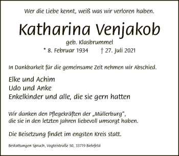 Traueranzeige von Katharina Venjakob von Neue Westfälische