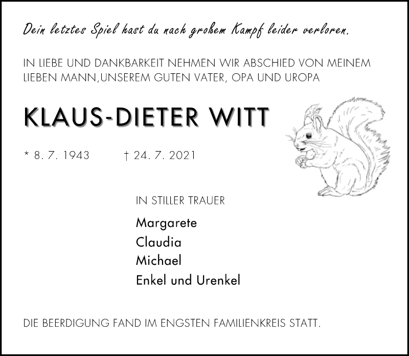  Traueranzeige für Klaus-Dieter Witt vom 31.07.2021 aus Neue Westfälische