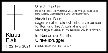 Traueranzeige von Klaus Flak von Neue Westfälische