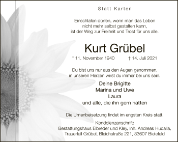 Traueranzeige von Kurt Grübel von Neue Westfälische
