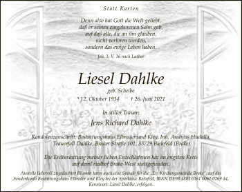 Traueranzeige von Liesel Dahlke von Neue Westfälische