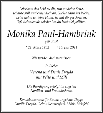 Traueranzeige von Monika Paul-Hambrink von Neue Westfälische
