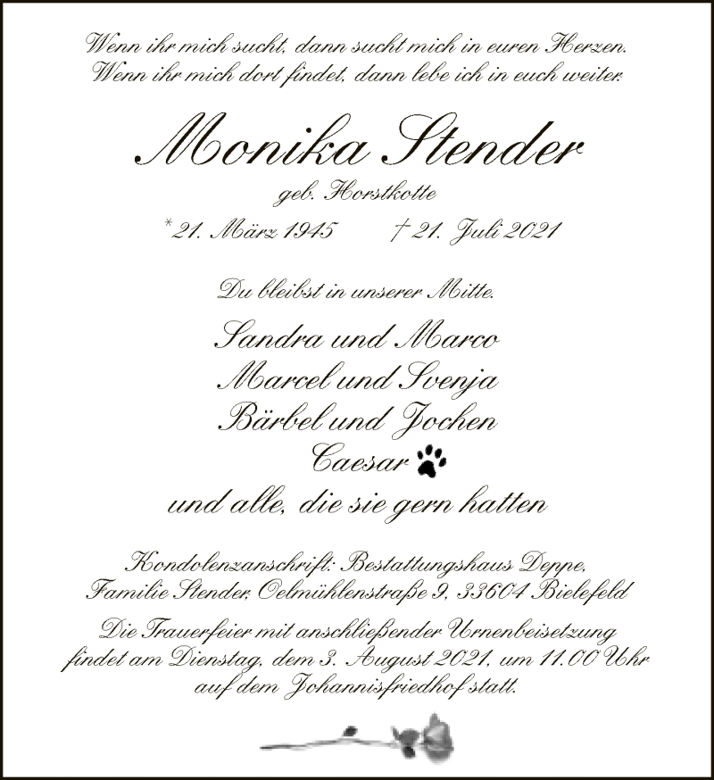  Traueranzeige für Monika Stender vom 24.07.2021 aus Neue Westfälische