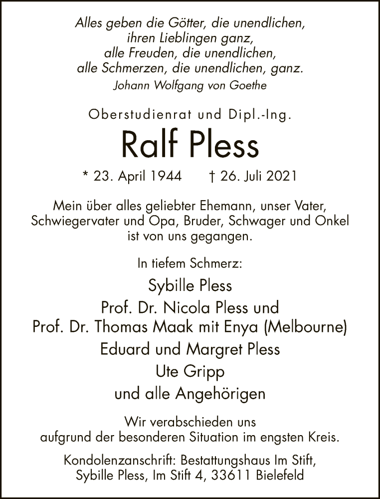  Traueranzeige für Ralf Pless vom 31.07.2021 aus Neue Westfälische