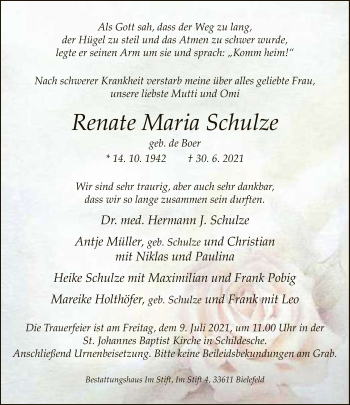 Traueranzeige von Renate Maria Schulze von Neue Westfälische
