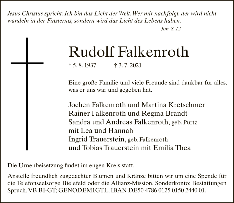  Traueranzeige für Rudolf Falkenroth vom 10.07.2021 aus Neue Westfälische