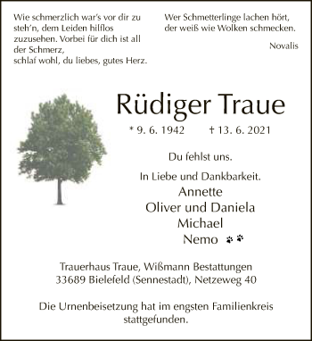 Traueranzeige von Rüdiger Traue von Neue Westfälische
