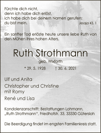 Traueranzeige von Ruth Strothmann von Neue Westfälische