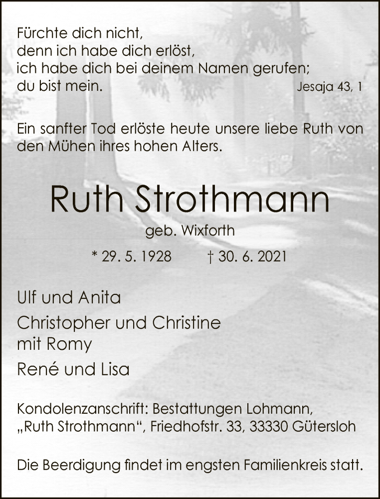  Traueranzeige für Ruth Strothmann vom 06.07.2021 aus Neue Westfälische
