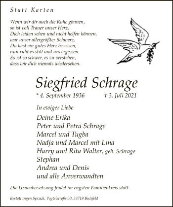 Traueranzeige von Siegfried Schrage von Neue Westfälische