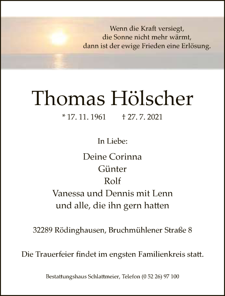  Traueranzeige für Thomas Hölscher vom 31.07.2021 aus Neue Westfälische