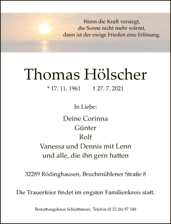 Traueranzeige von Thomas Hölscher von Neue Westfälische