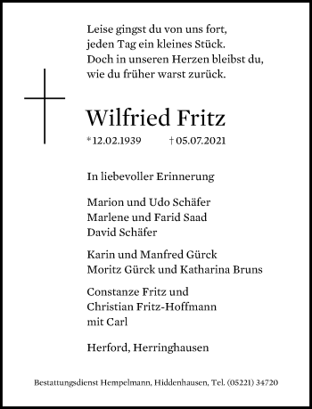Traueranzeige von Wilfried Fritz von Neue Westfälische