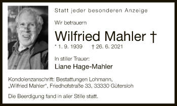 Traueranzeige von Wilfried Mahler von Neue Westfälische