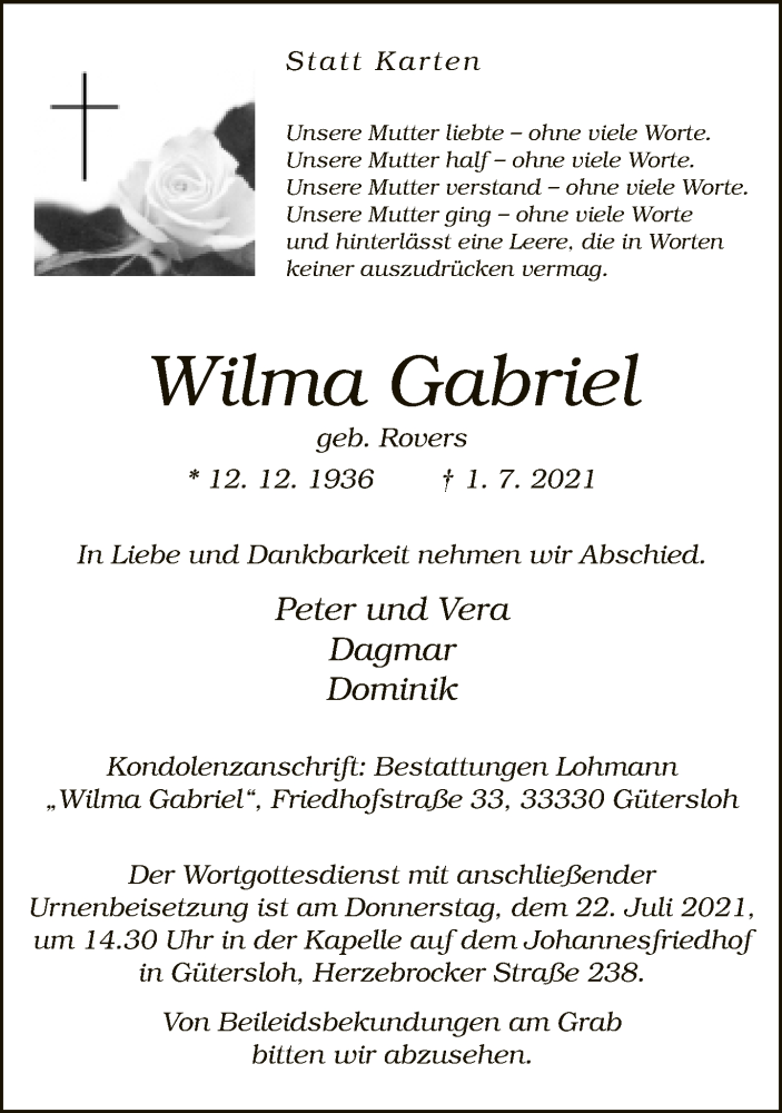  Traueranzeige für Wilma Gabriel vom 17.07.2021 aus Neue Westfälische