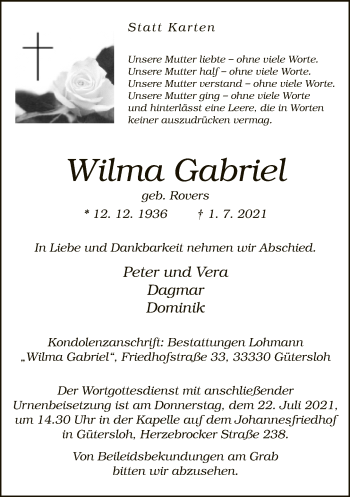 Traueranzeige von Wilma Gabriel von Neue Westfälische