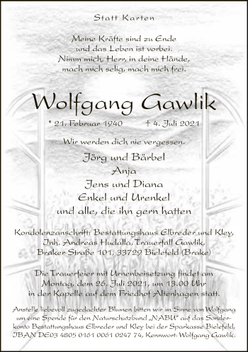 Traueranzeige von Wolfgang Gawlik von Neue Westfälische