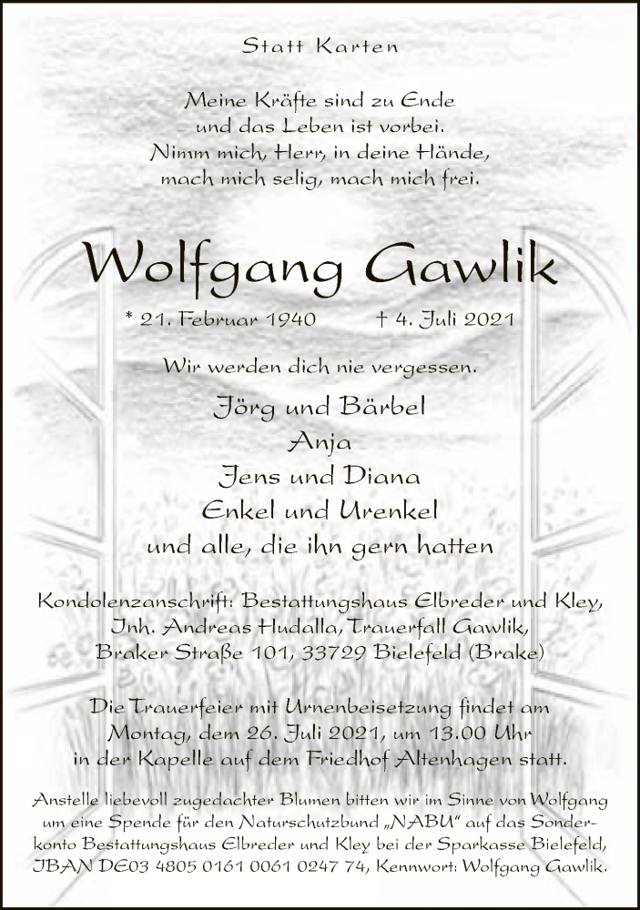  Traueranzeige für Wolfgang Gawlik vom 10.07.2021 aus Neue Westfälische