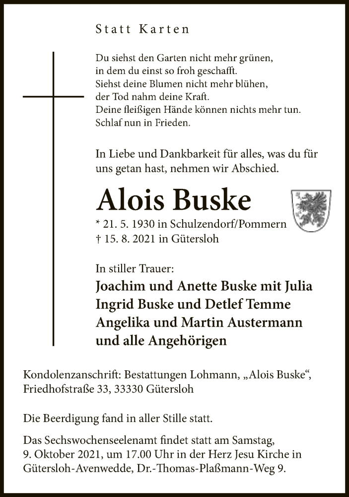  Traueranzeige für Alois Buske vom 25.08.2021 aus Neue Westfälische