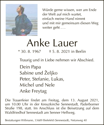 Traueranzeige von Anke Lauer von Neue Westfälische