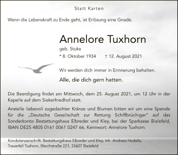 Traueranzeige von Annelore Tuxhorn von Neue Westfälische